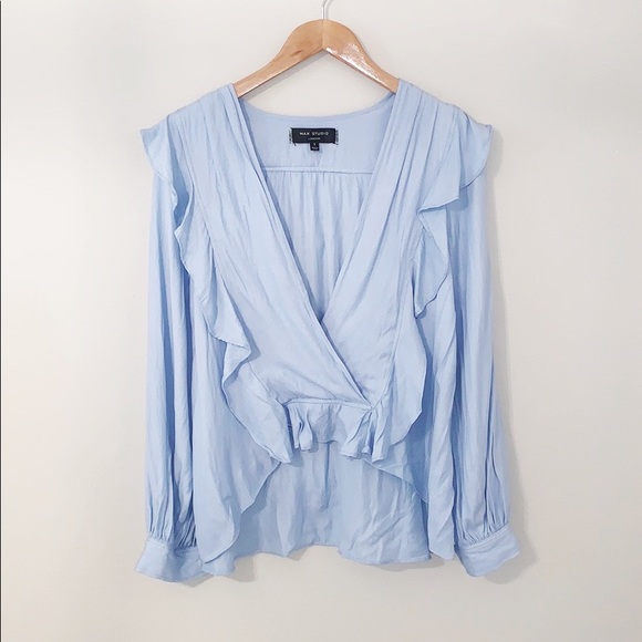 Max Studio Tops - MAX STUDIO Flounce Powder Blue Blouse High Low